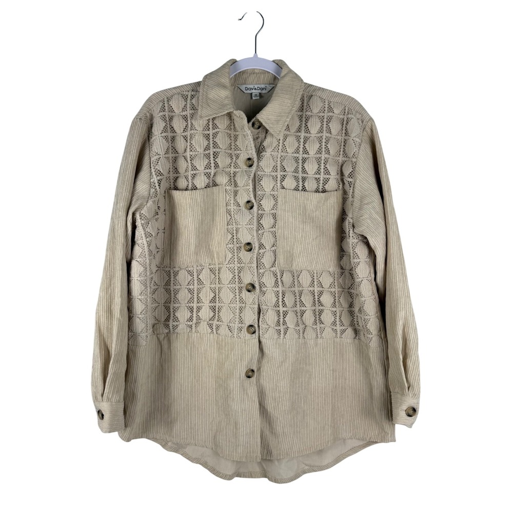 Davi & Dani Beige Corduroy Lace Trim Button Front Shirt Jacket Womens XS NEW - Picture 1 of 9